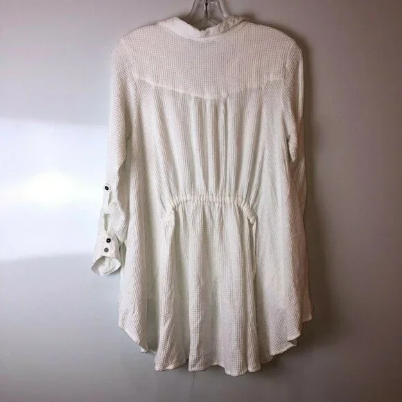 Tru Luxe Women's Large Button Up Shirt Collared Long Sleeve White Waffle Weave - Picture 12 of 12